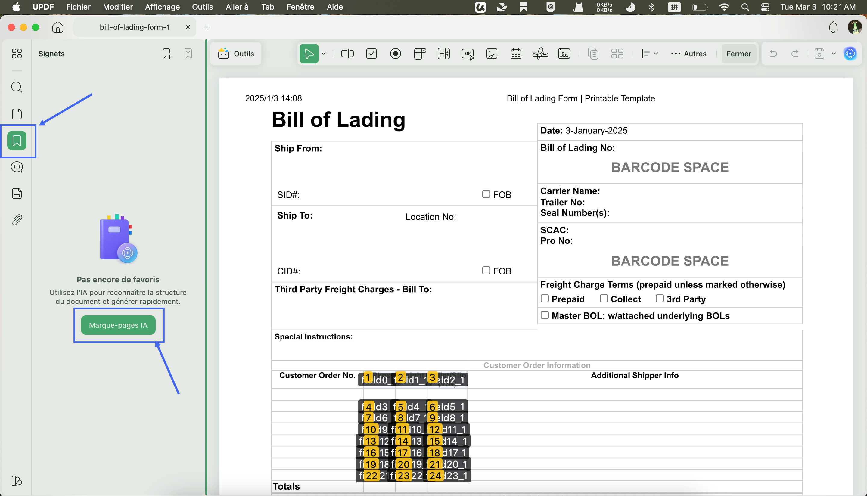 mac updf ia générer signets