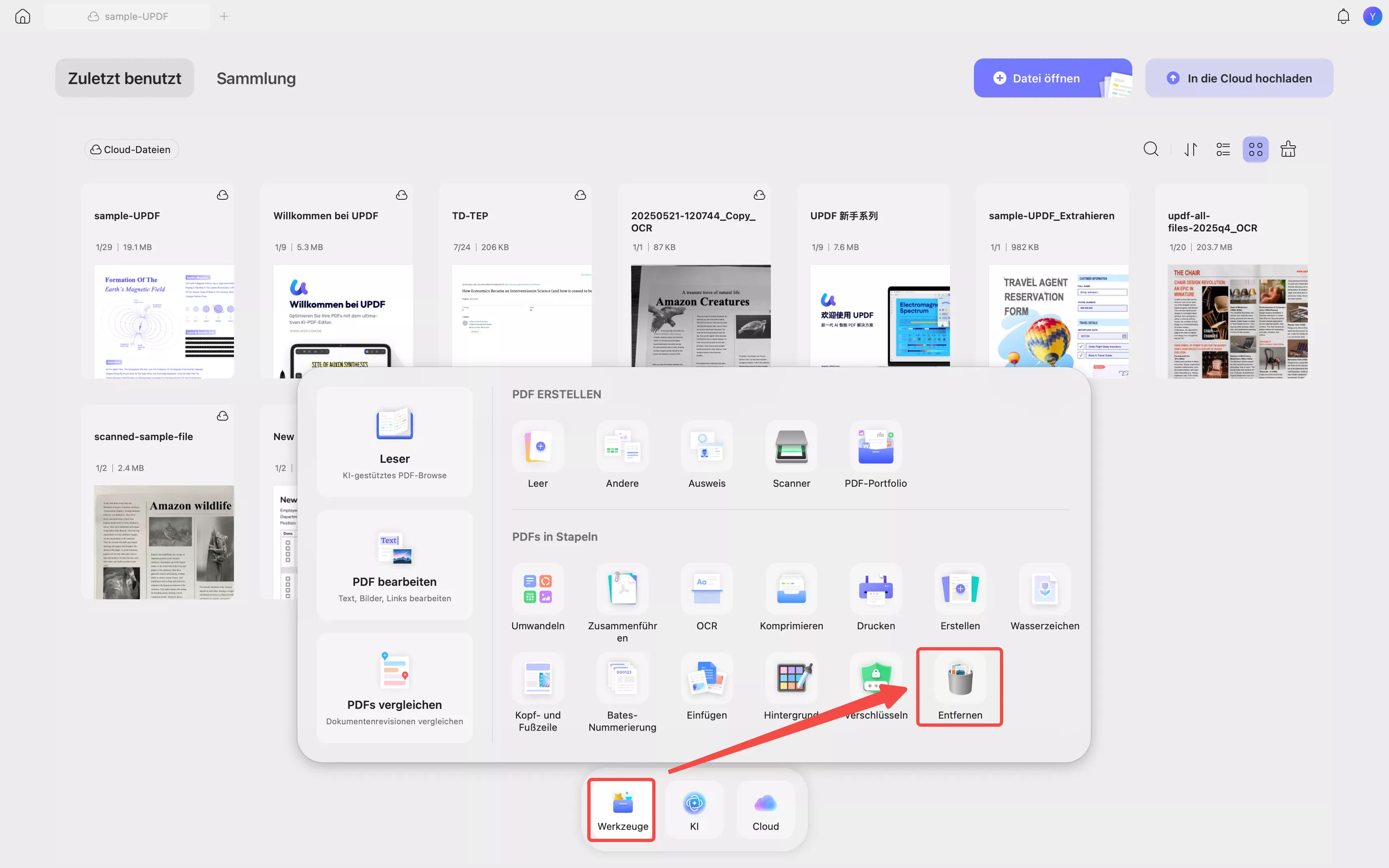 Wählen Sie unter „Werkzeuge“ die Option „Entfernen“.