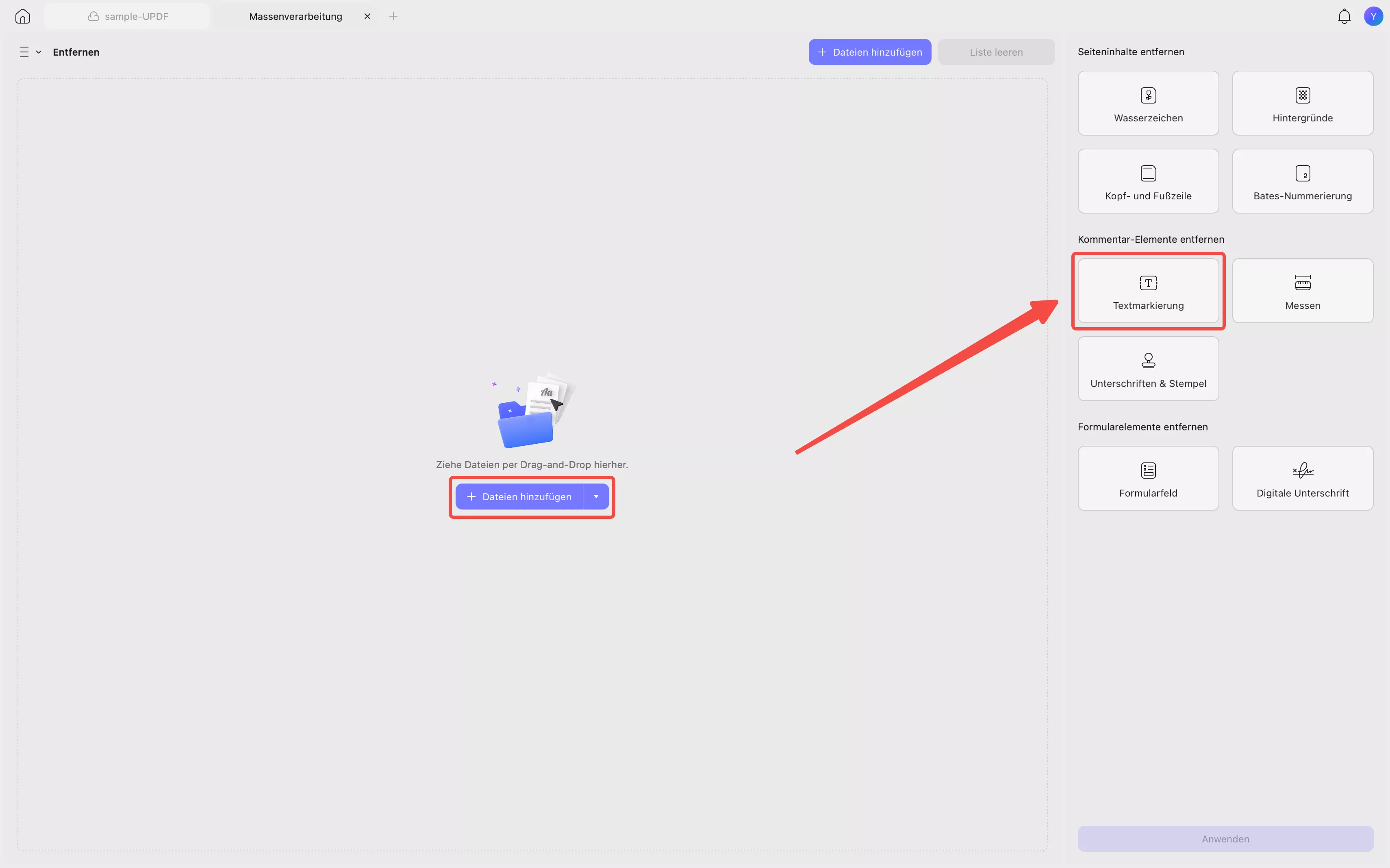 Dateien hinzufügen und Textmarkierung auswählen