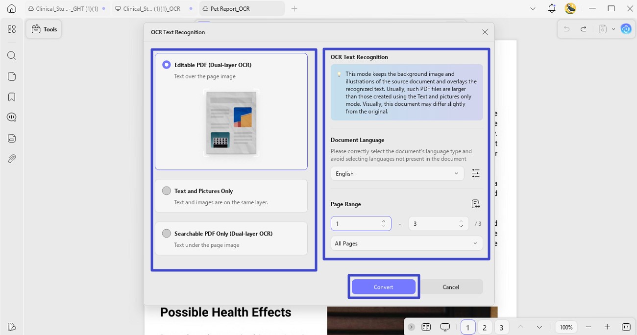 select ocr mode and language