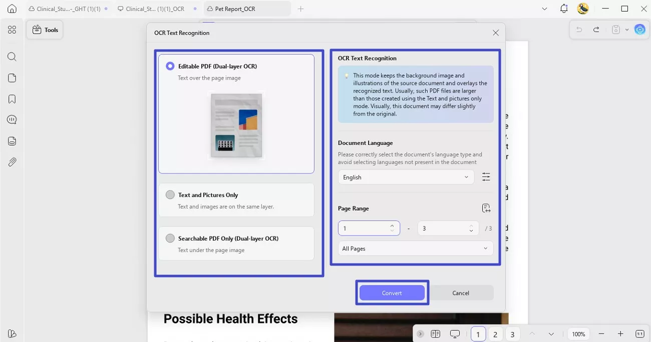select ocr mode and language