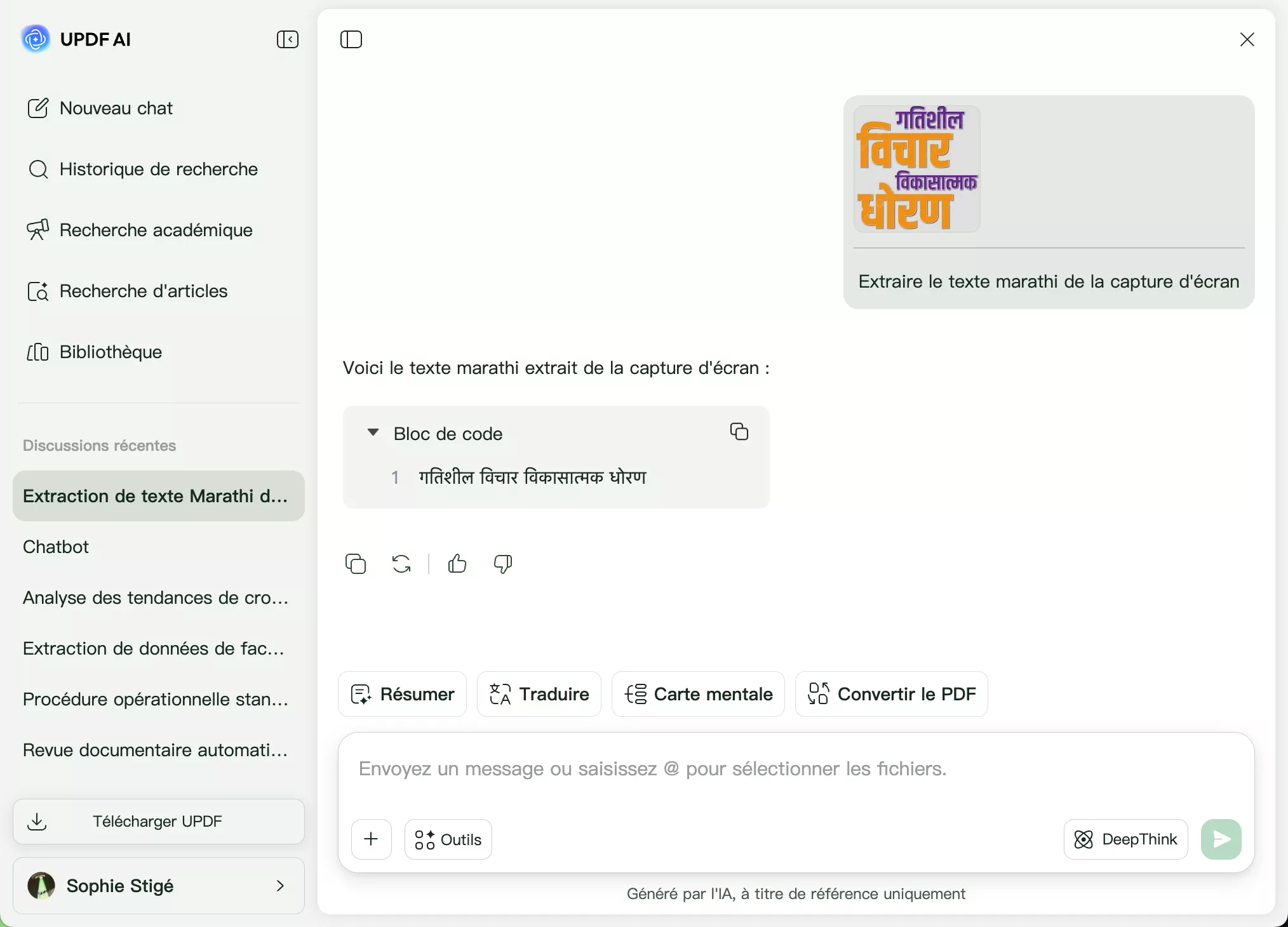 Extraction réussie de texte marathi à partir d'une image grâce à l'IA UPDF en ligne