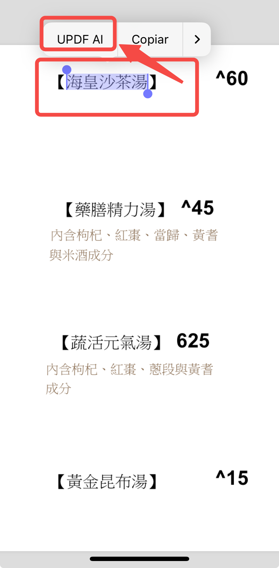 Selecione o texto em chinês que deseja traduzir e toque em "UPDF AI".
