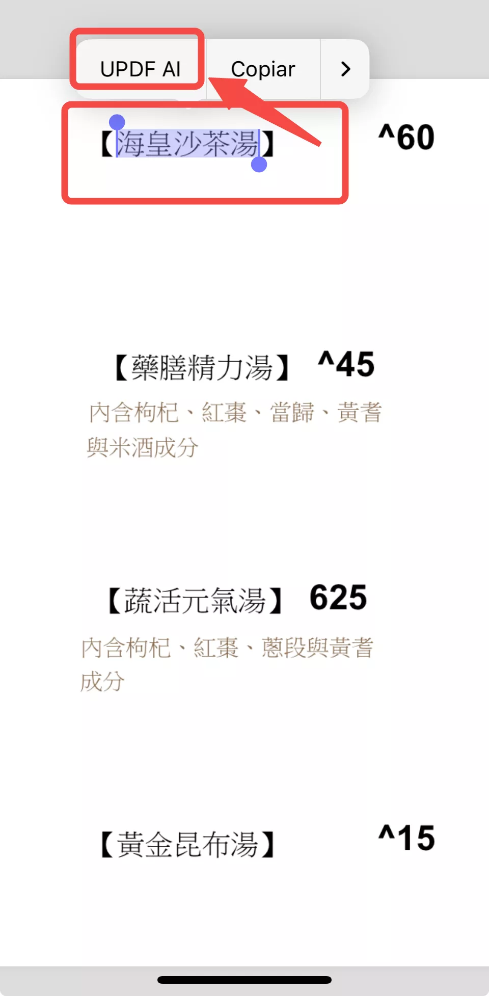 Selecione o texto em chinês que deseja traduzir e toque em "UPDF AI".