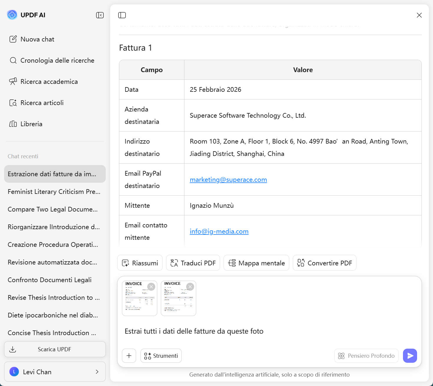 Estrazione dati da fatture con UPDF AI