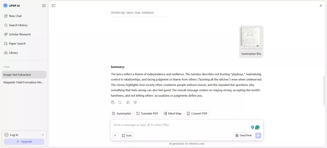 summarize extracted text updf ai