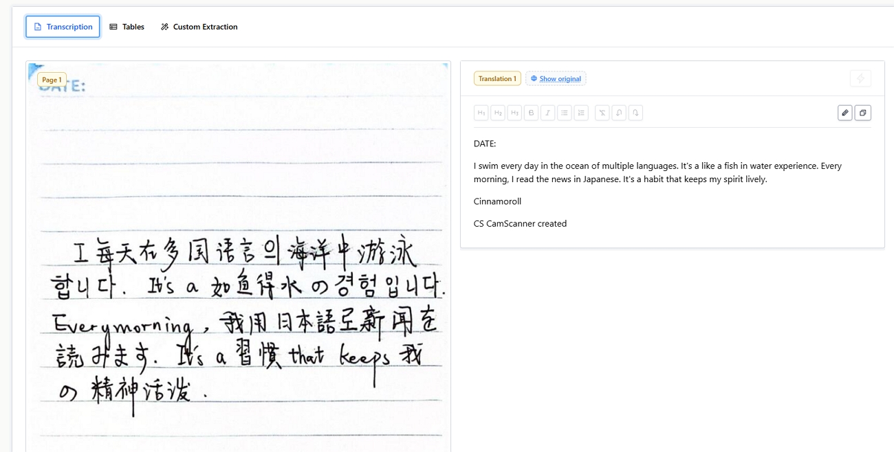 handwritingocr extracted text translation