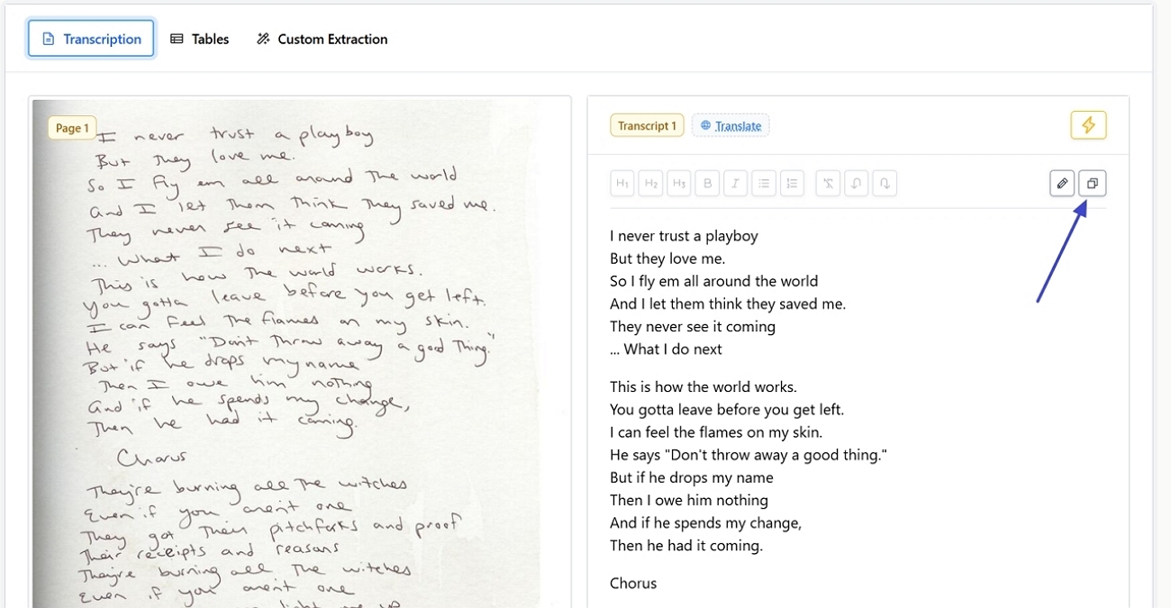 copy extracte text handwritingocr
