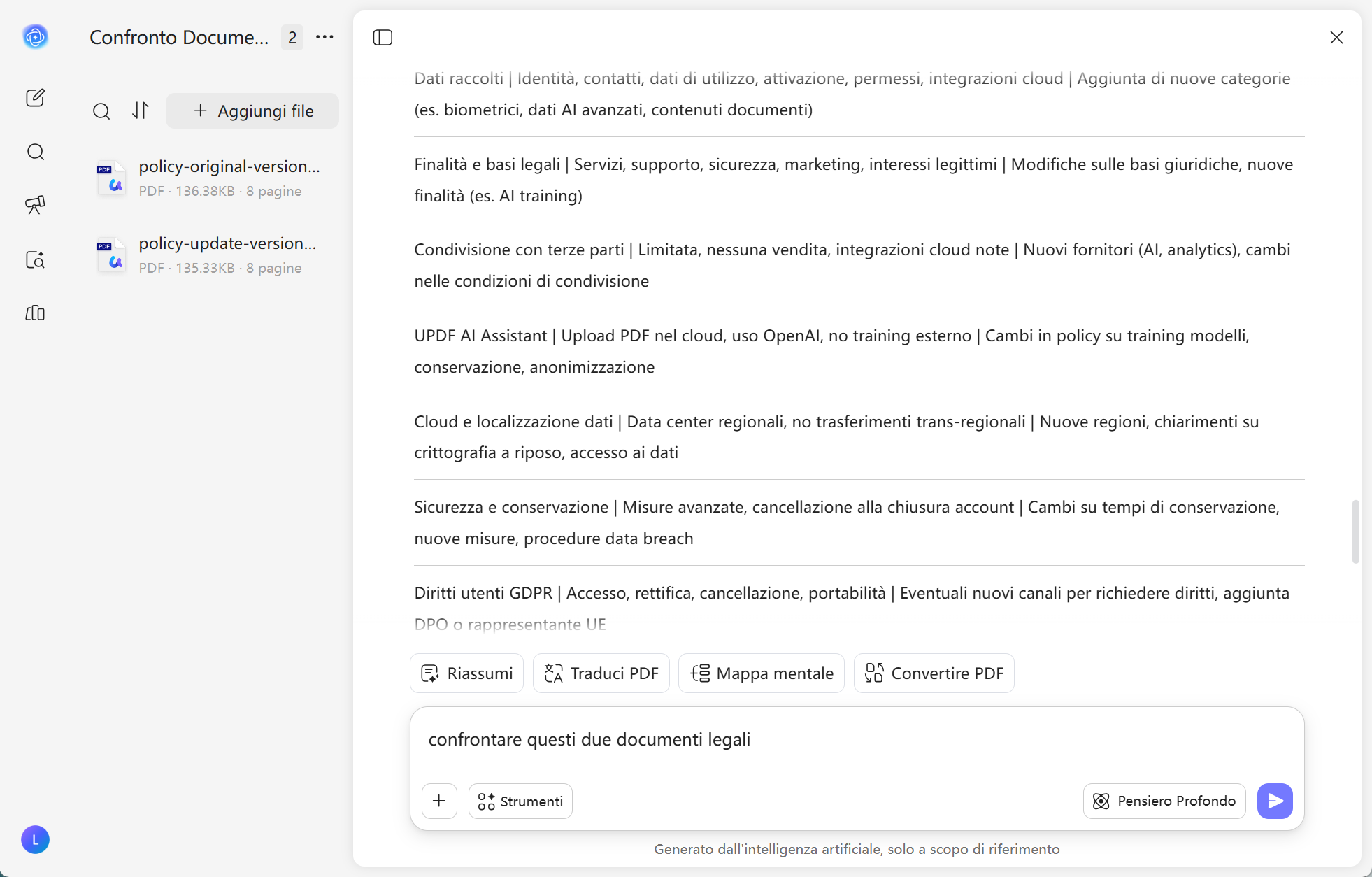Confronto documenti legali con UPDF AI