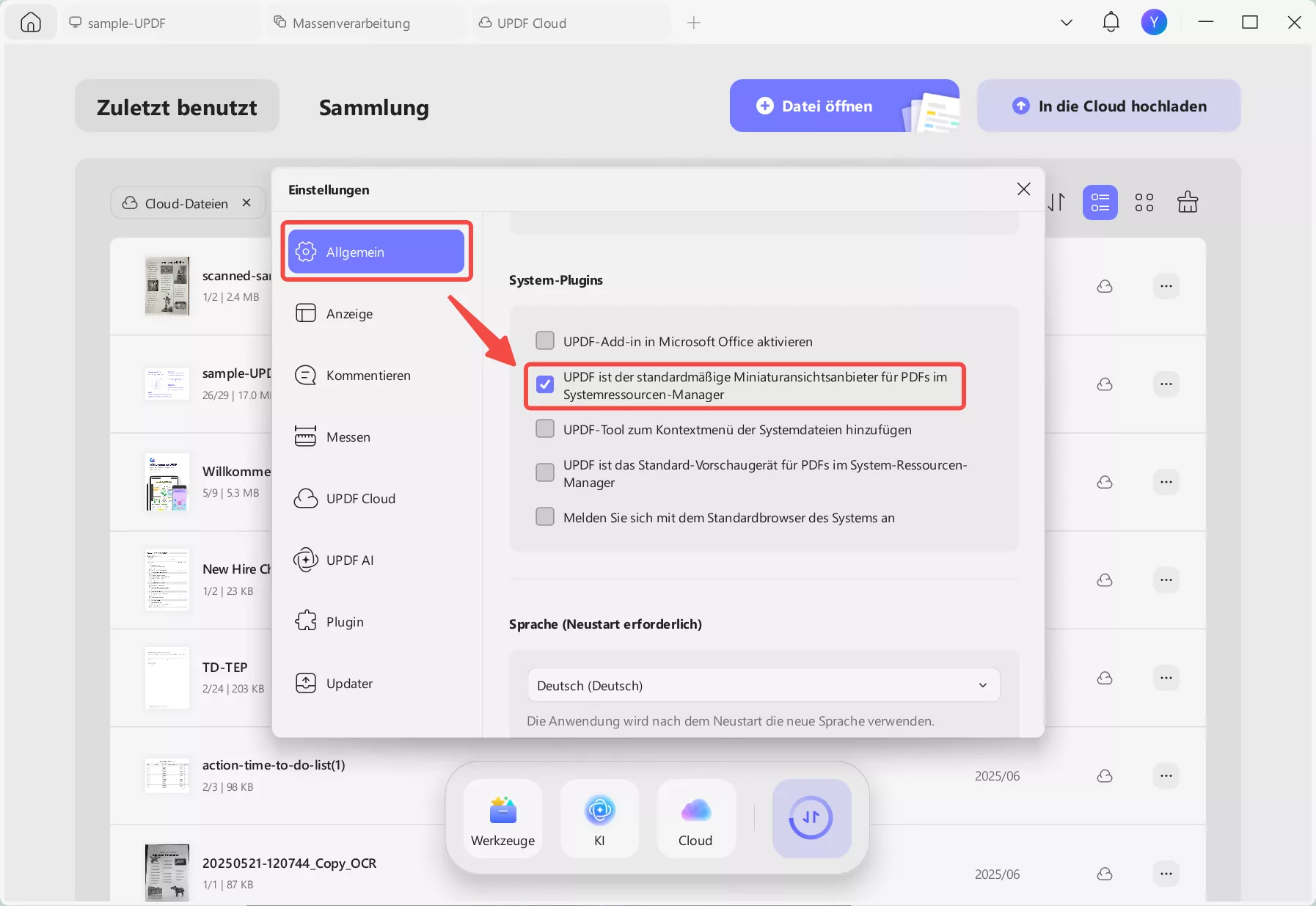 Aktivieren Sie die Updf-System-Plugins.