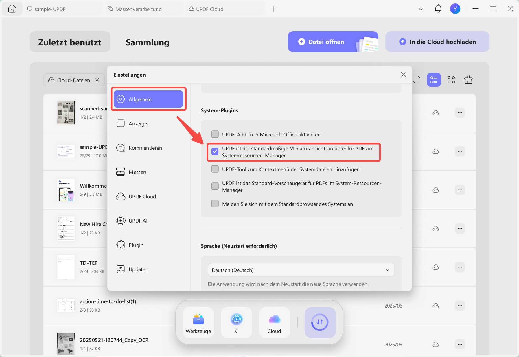 Aktivieren Sie die Updf-System-Plugins.