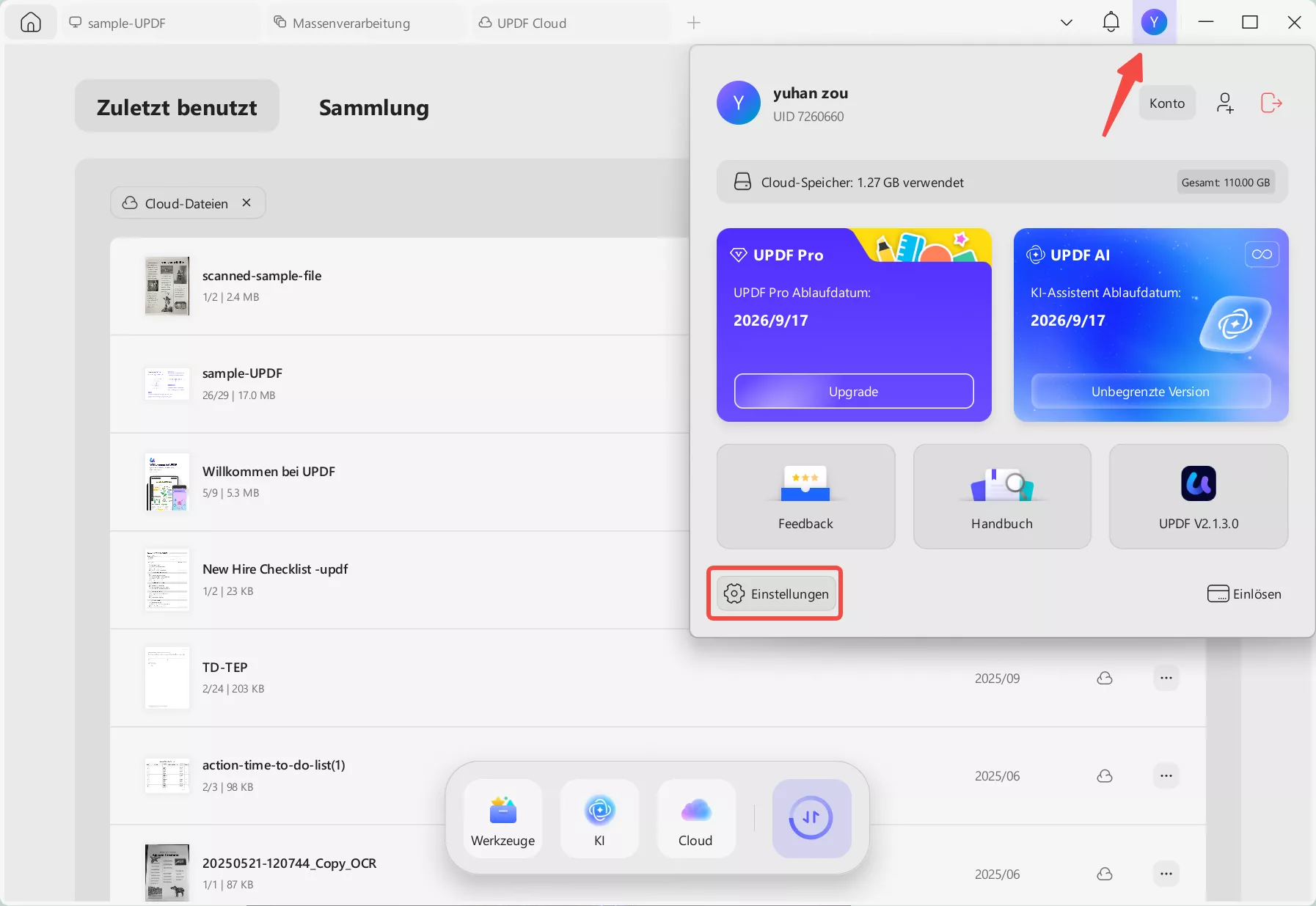 Zugriffseinstellungen auf updf