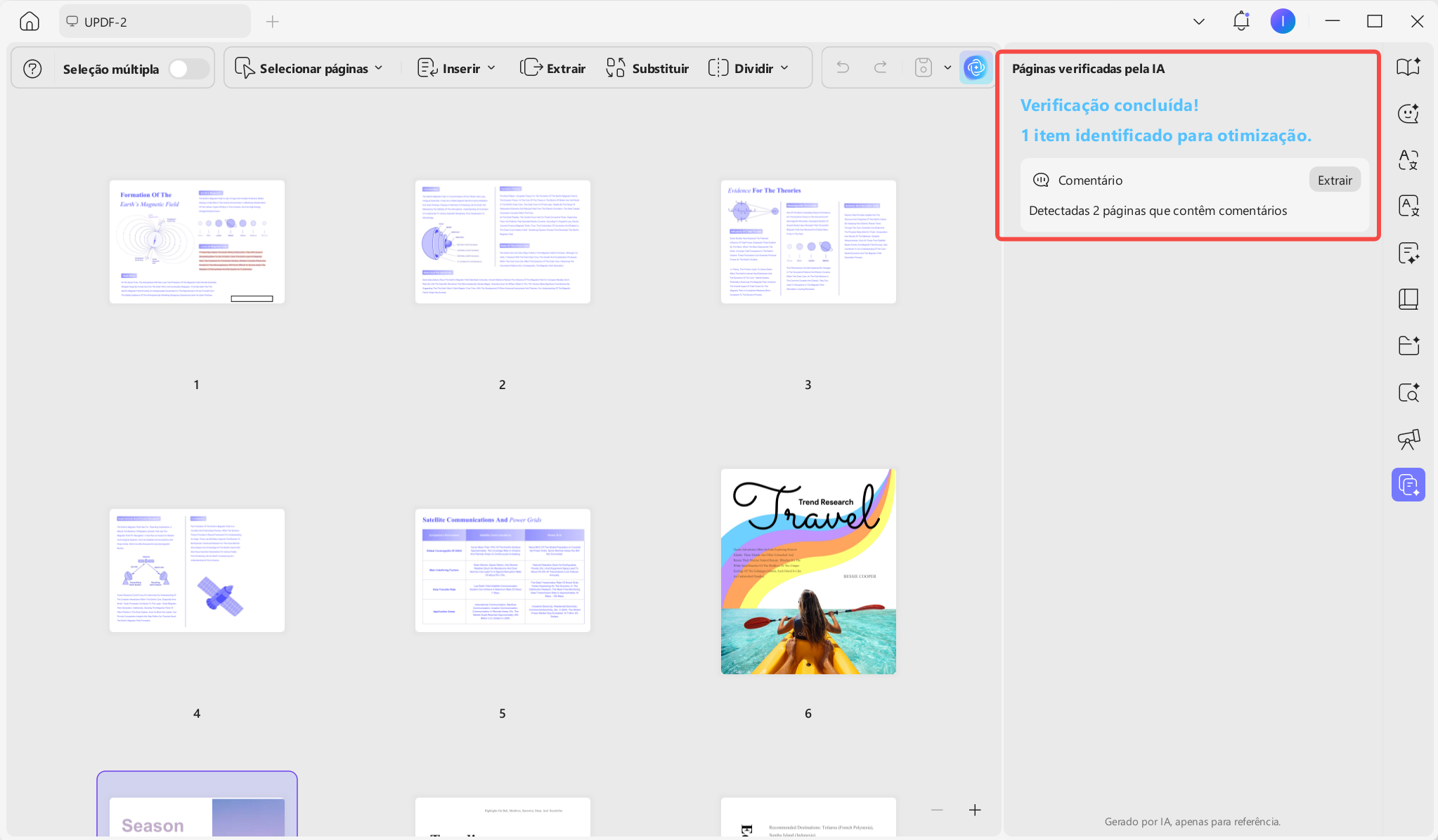 Painel de verificação de páginas com IA