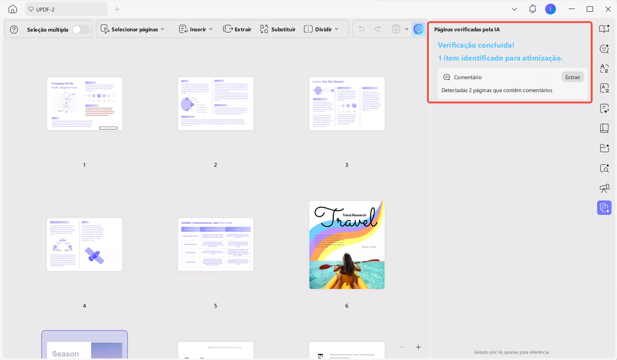 Painel de verificação de páginas com IA