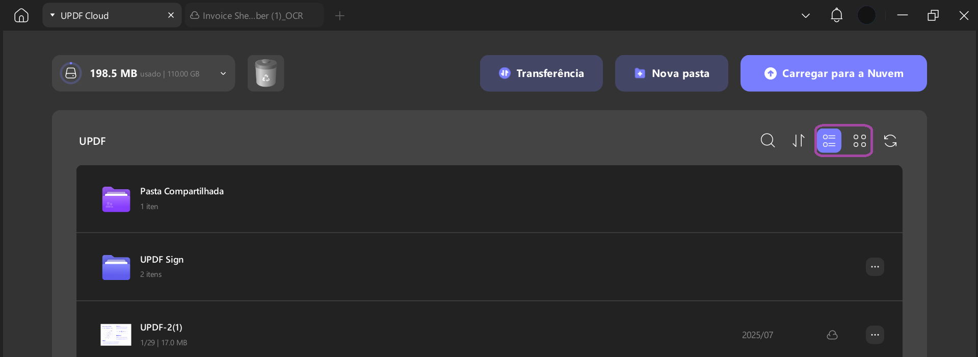 visualização em lista e em miniaturas no UPDF Cloud