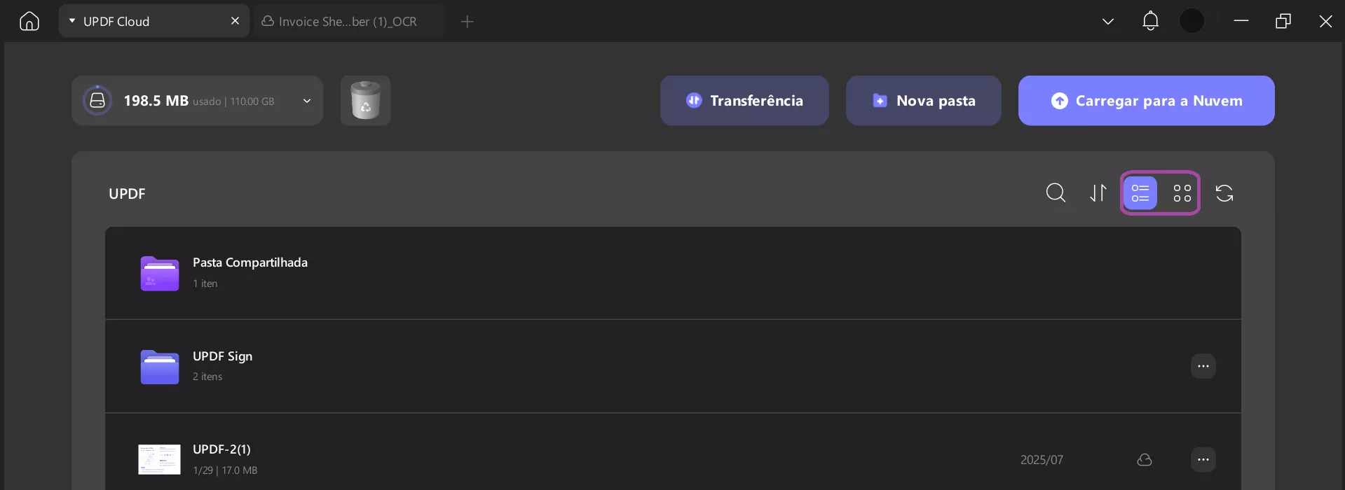 visualização em lista e em miniaturas no UPDF Cloud