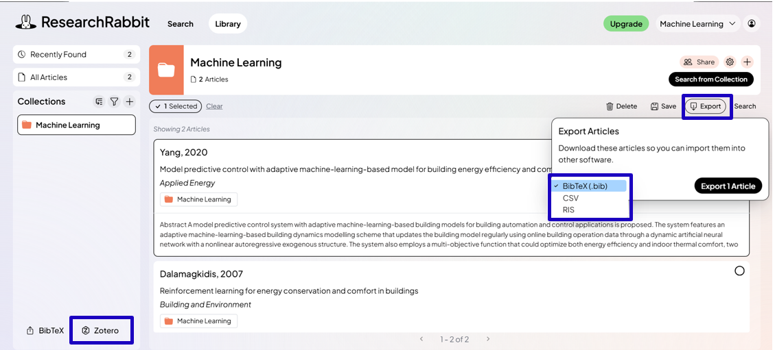 Zotero integration in researchrabbit