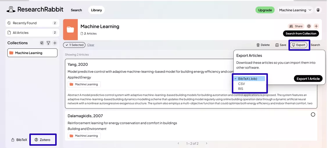 Zotero integration in researchrabbit