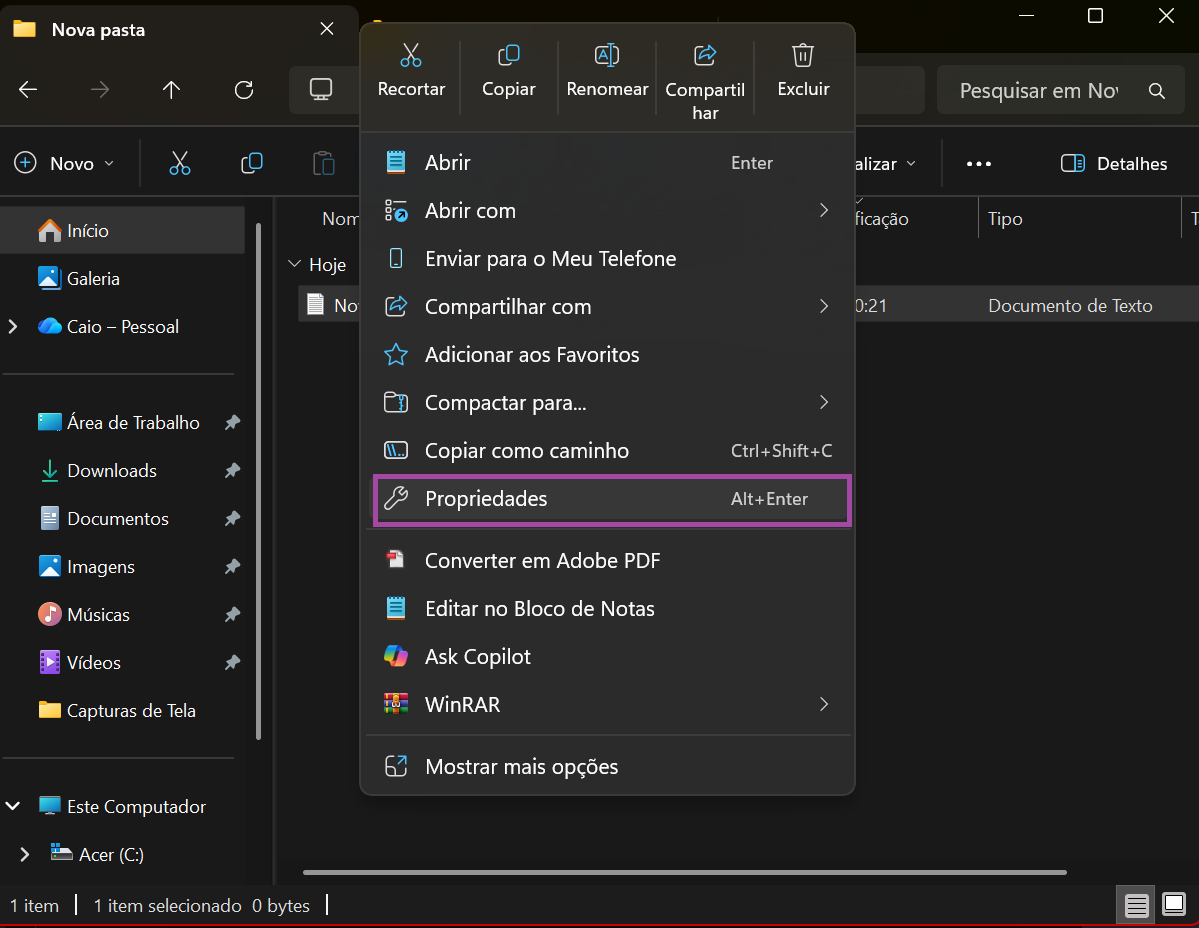 Acessar a opção de propriedades do PDF