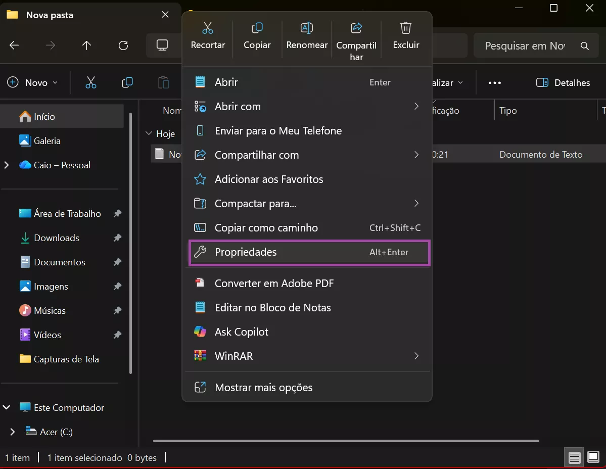 Acessar a opção de propriedades do PDF
