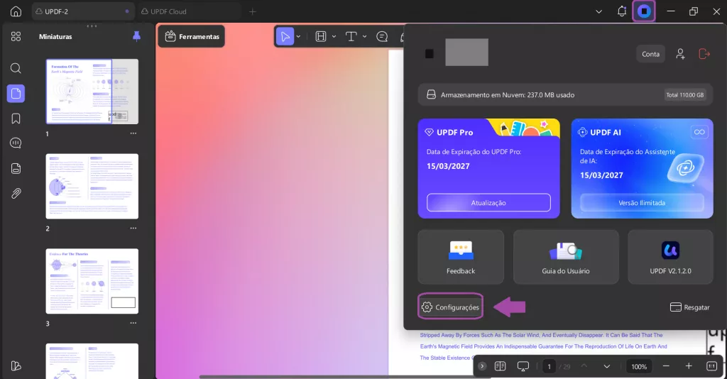 Acessar as configurações no UPDF