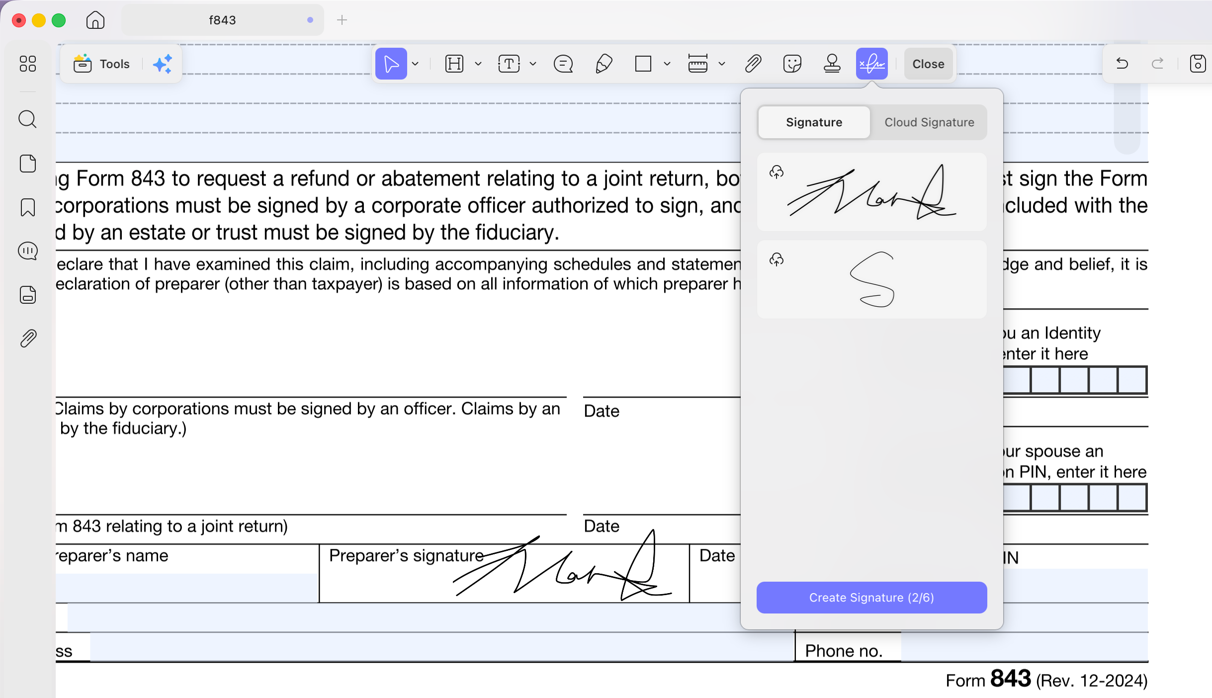 add signature to form 843