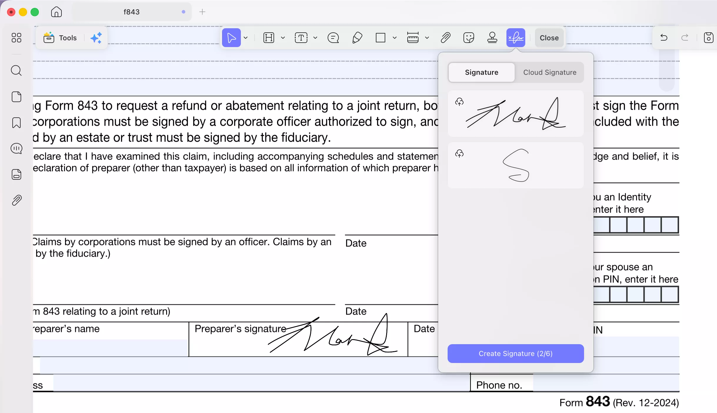 add signature to form 843
