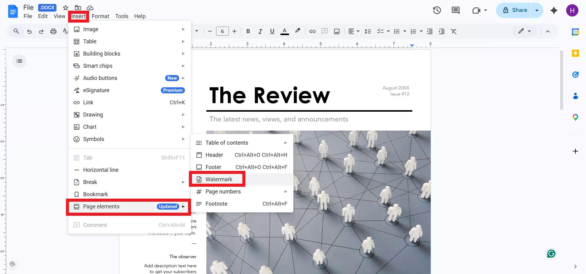 add watermark google docs insert page element