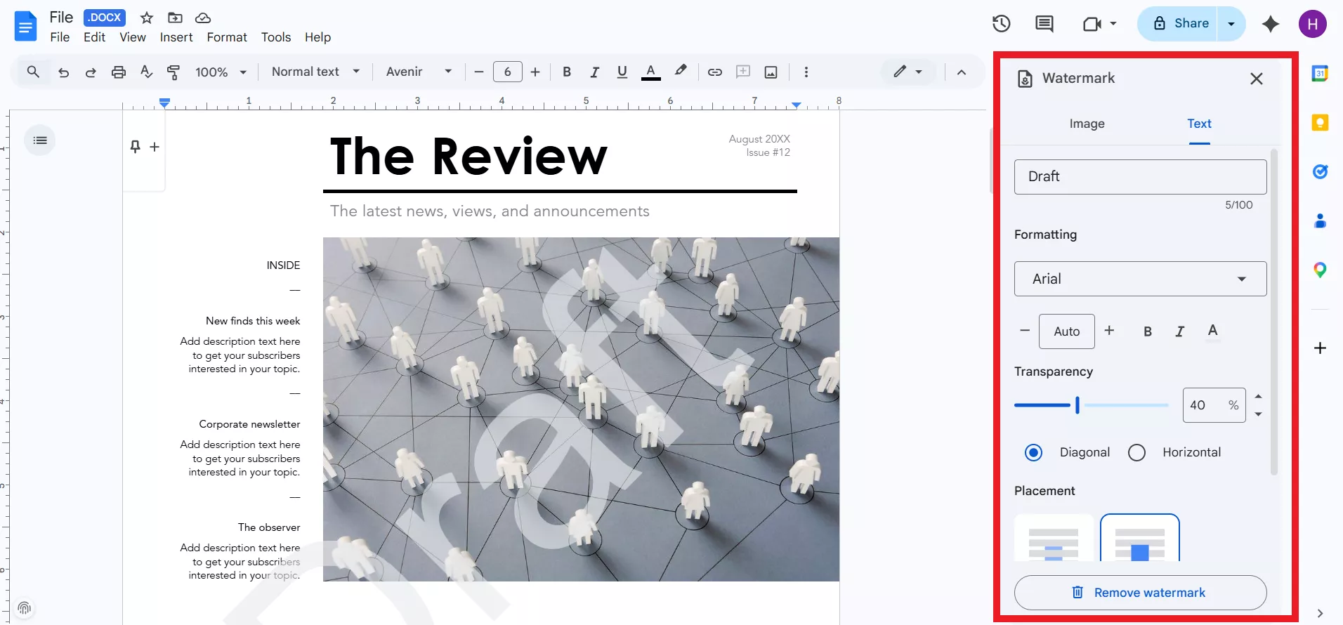add watermark google docs text watermark setting