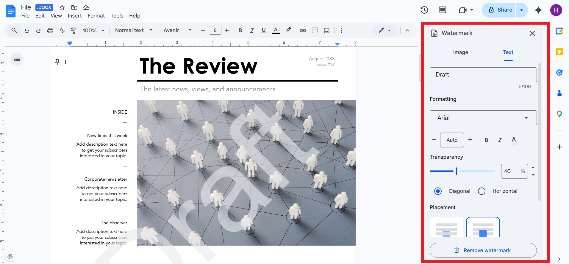 add watermark google docs text watermark setting