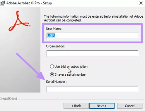 add username and serial number