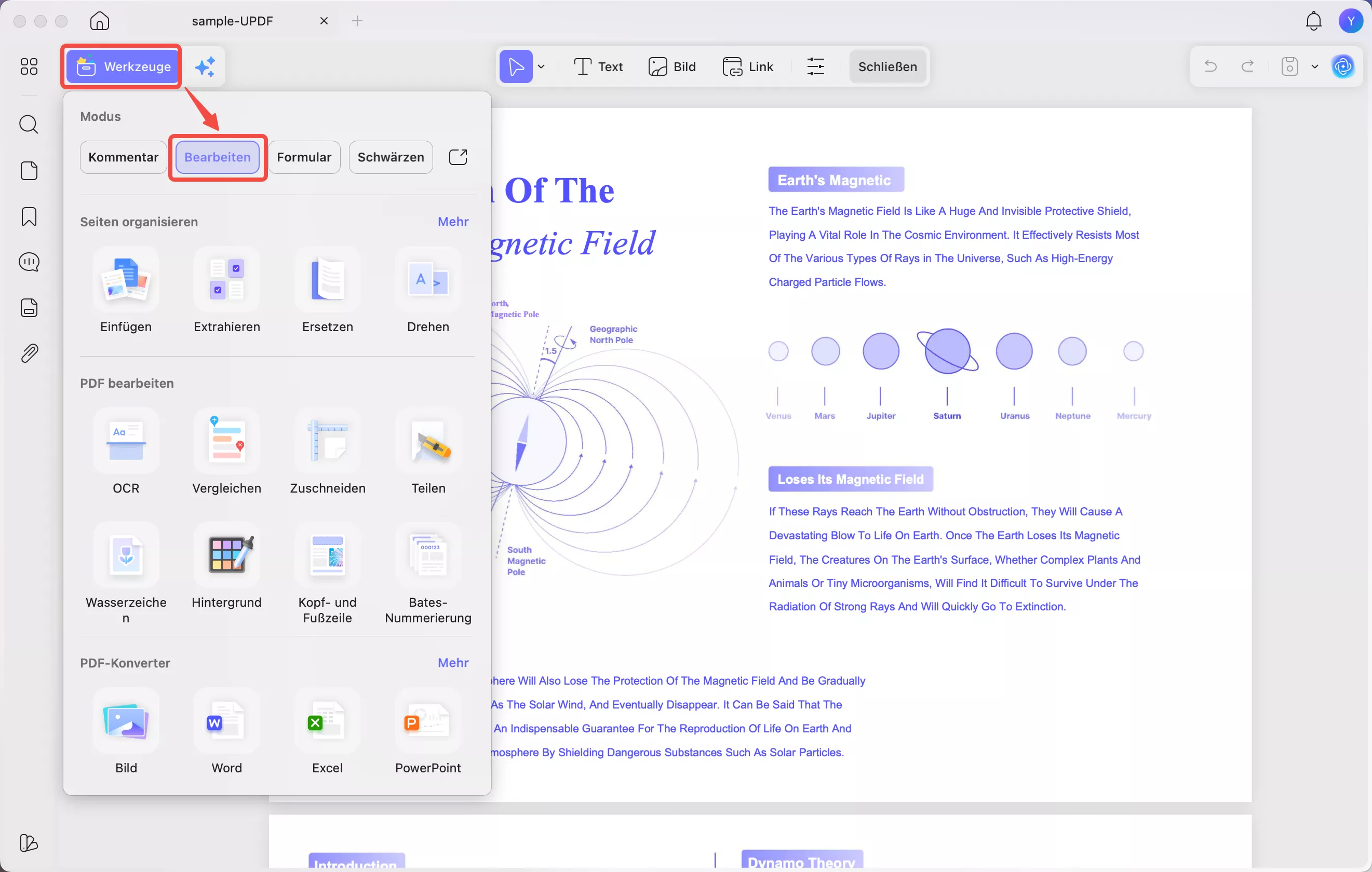 Wähle im Menü „Werkzeuge“ den Eintrag „Bearbeiten“ aus
