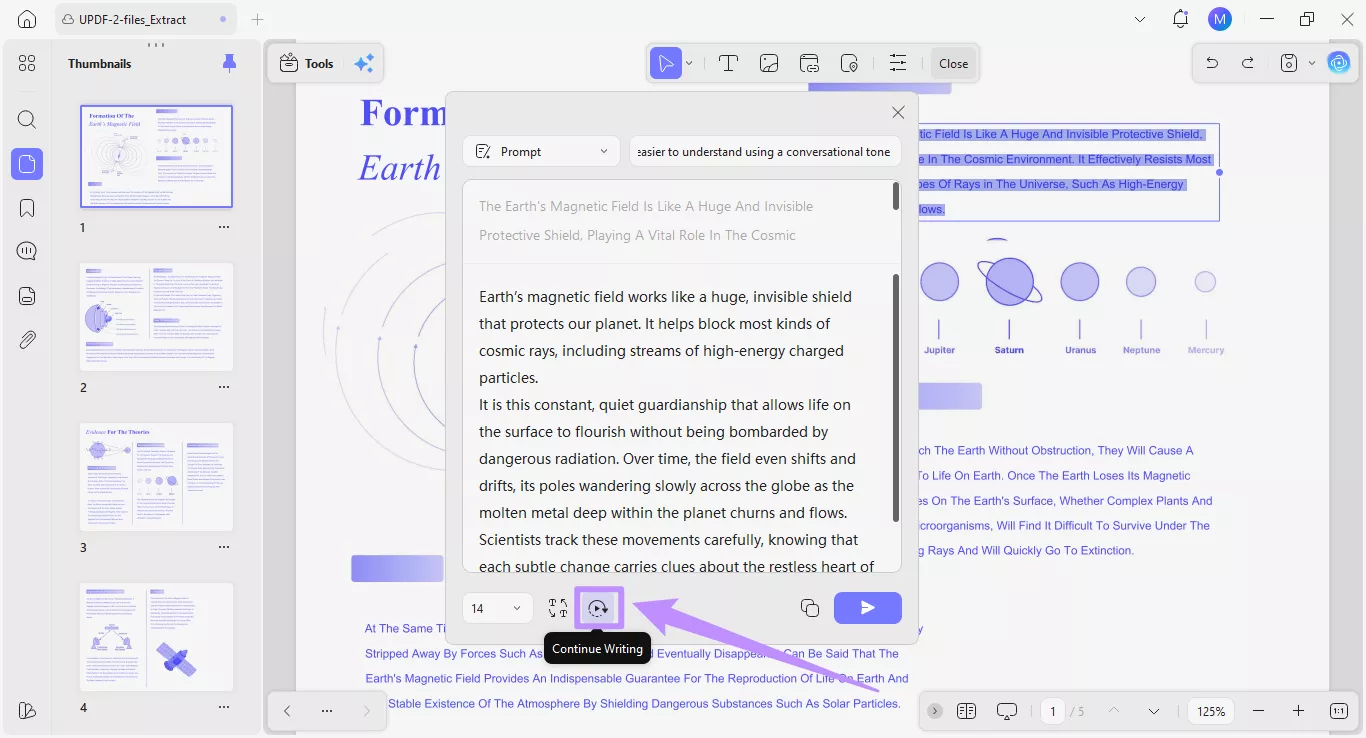 select the continue writing option
