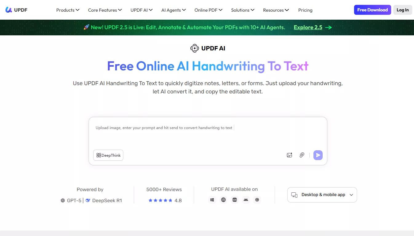  updf ai handwriting to text online interface