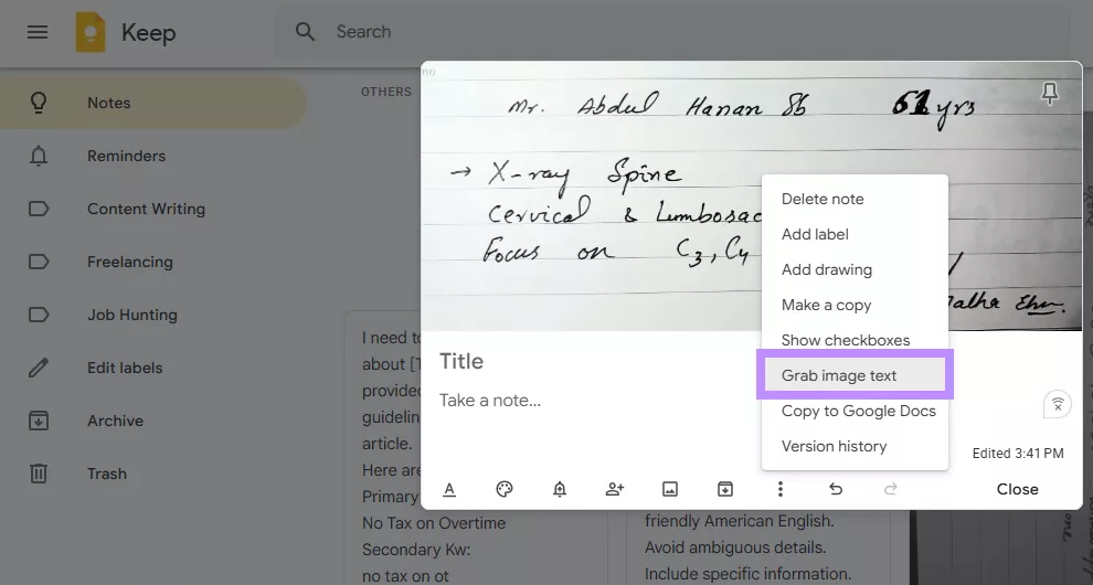 google keep handwriting to text interface