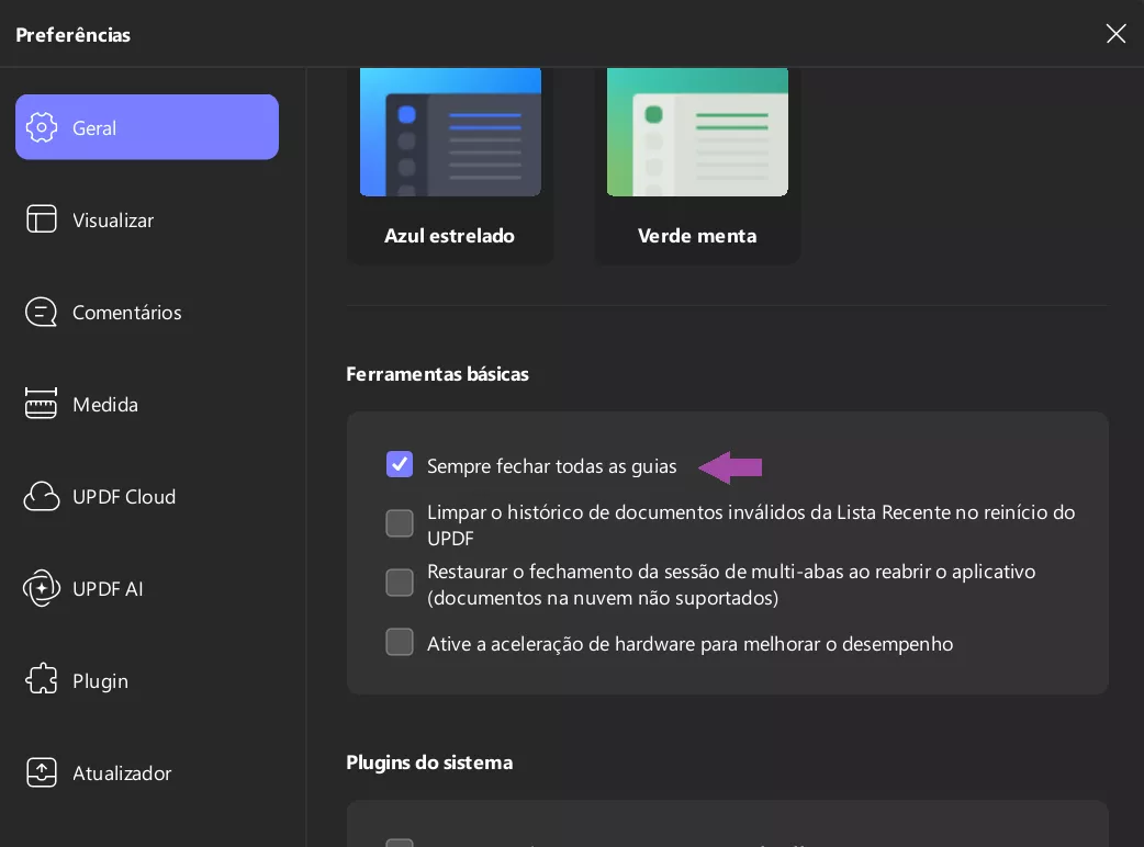 Ativar os plugins de sistema do UPDF