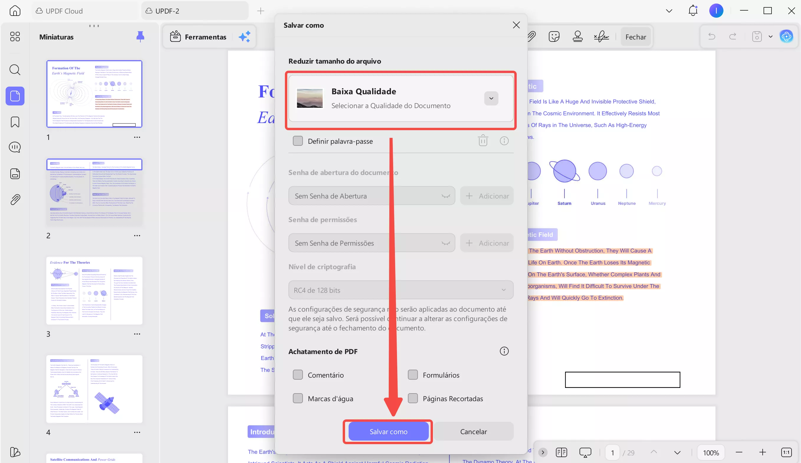 Confirme o nível de compressão de baixa qualidade e clique em salvar como.