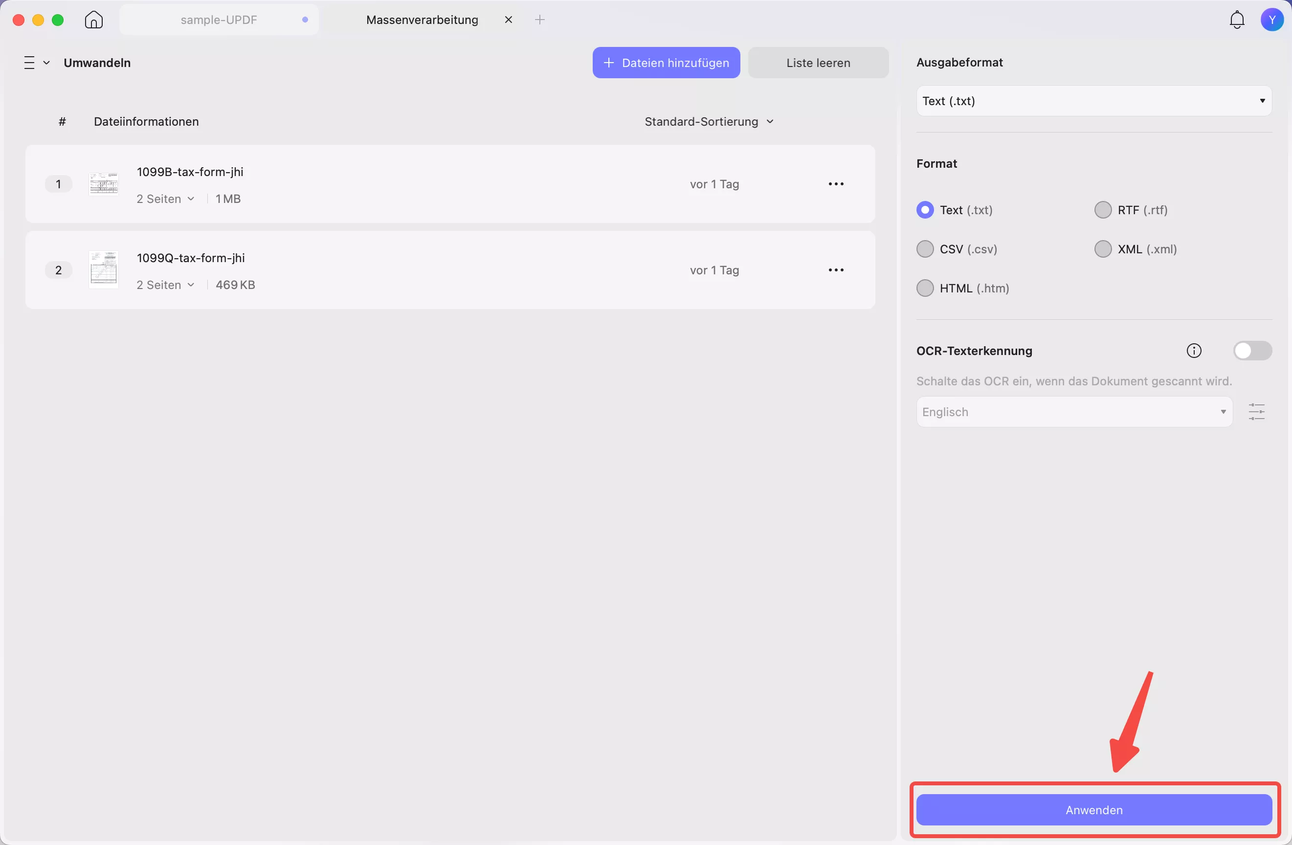 Klicken Sie auf „Anwenden“, um die Konvertierung in das PDF-Format zu starten.