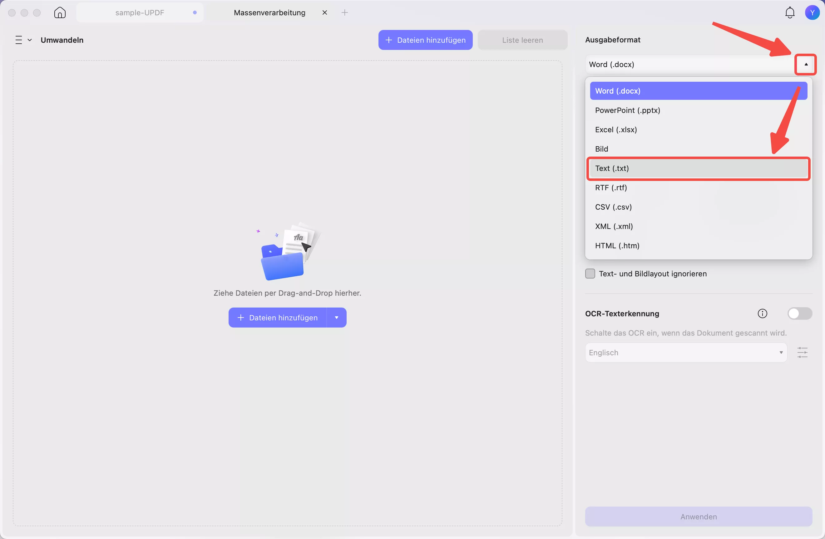 Text als Zielformat auswählen – PDF, Windows