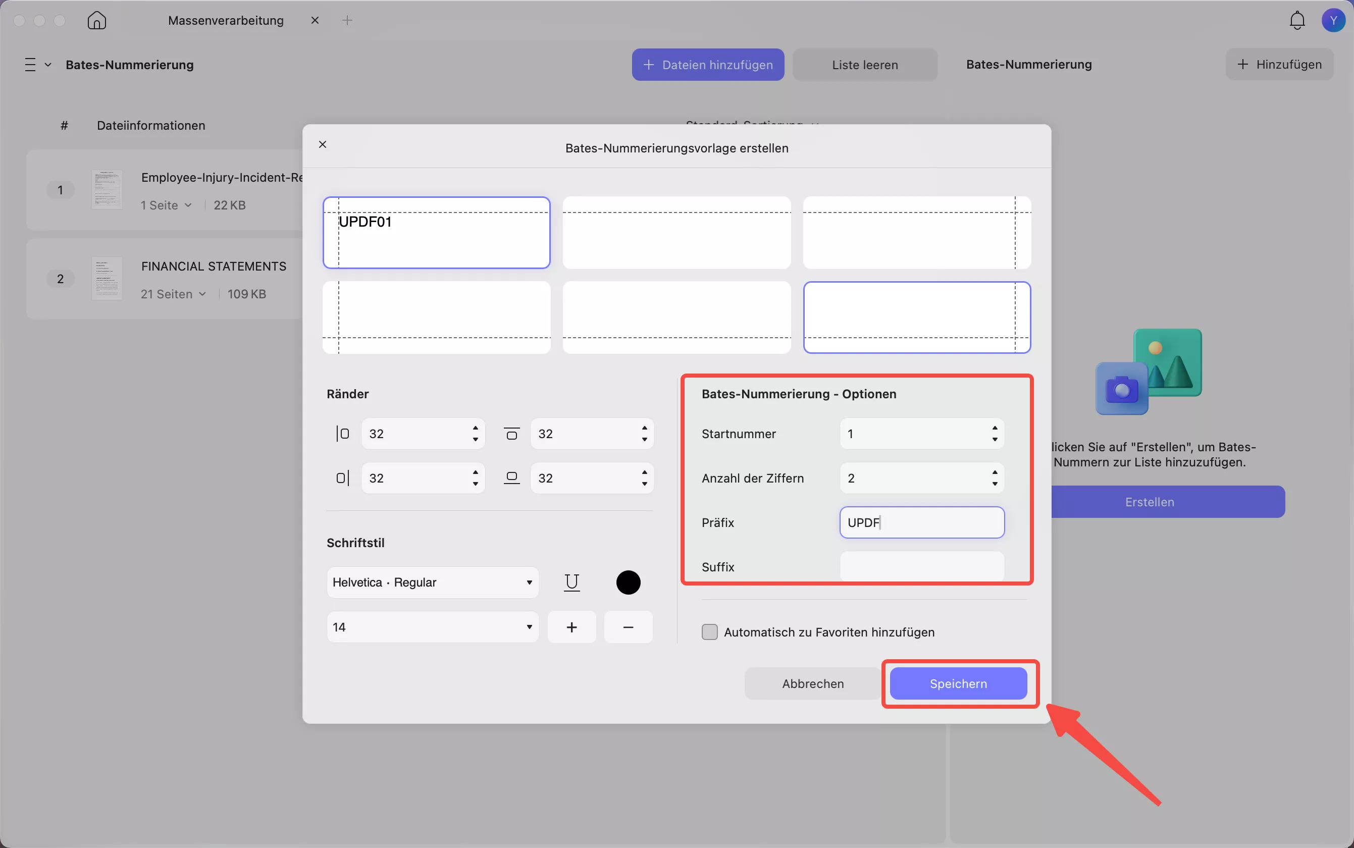 Einstellungen für die Bates-Nummerierung anpassen