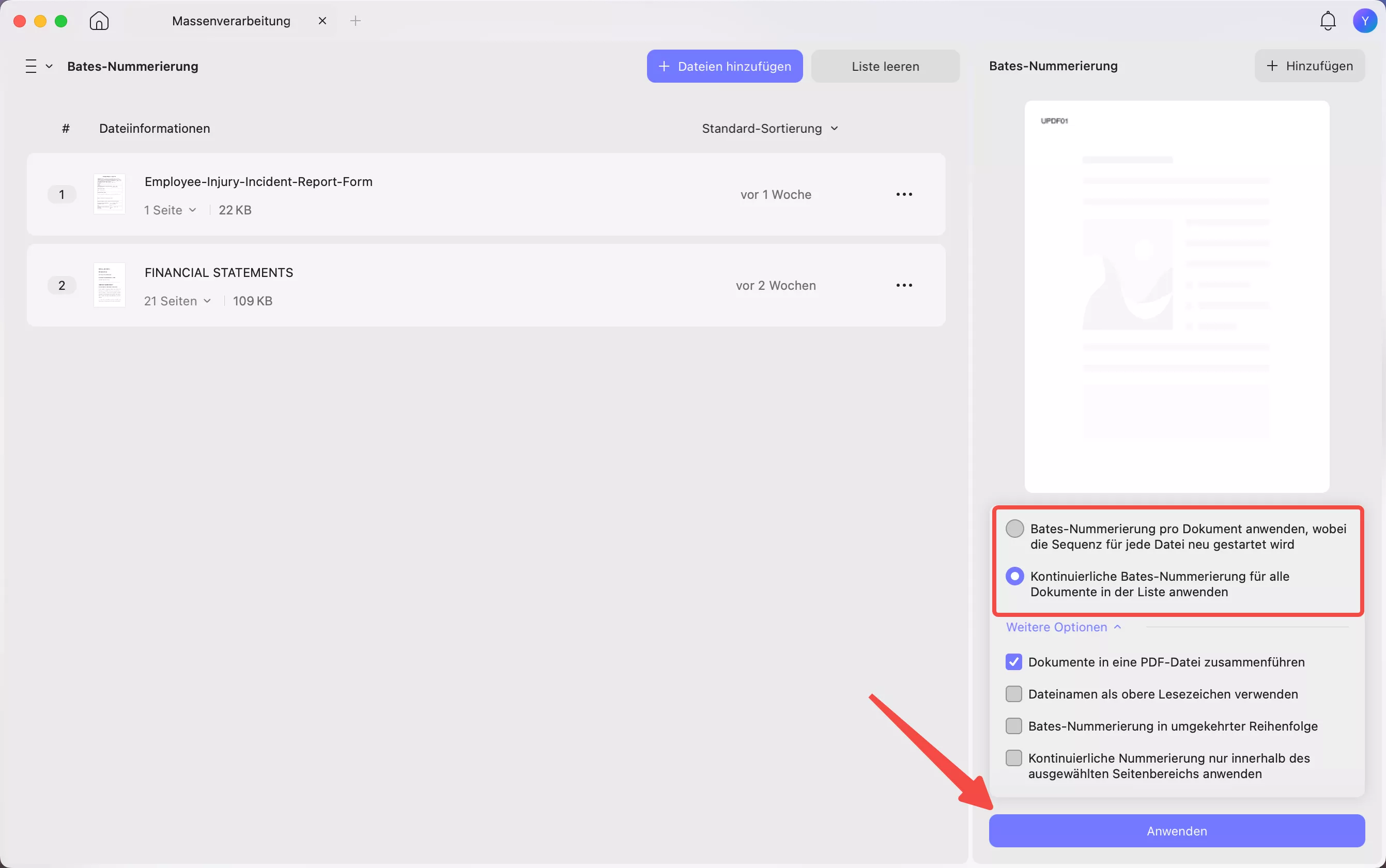 Einstellungen für die Bates-Nummerierung anpassen