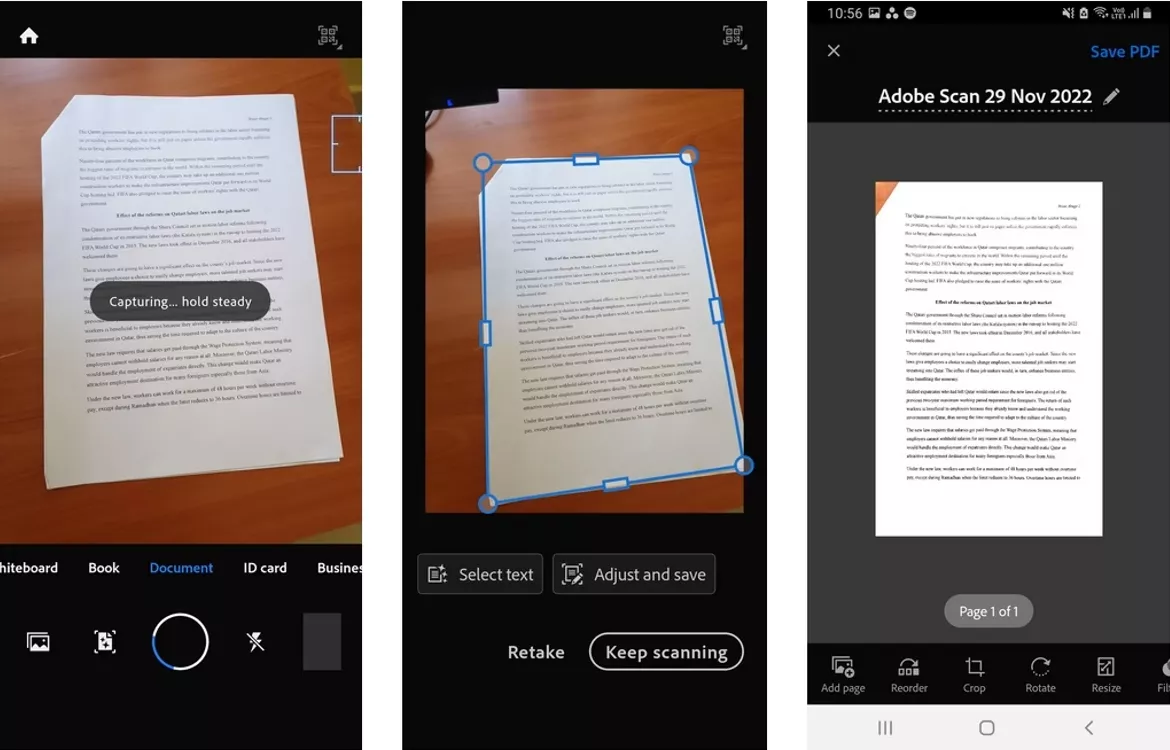 use adobe scan tool create pages pdfs