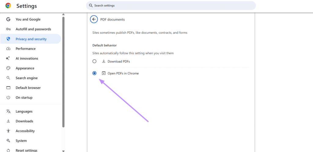 toggle on open pdf in chrome