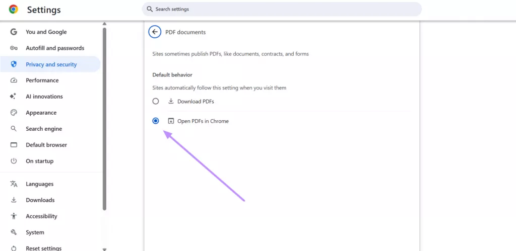 toggle on open pdf in chrome