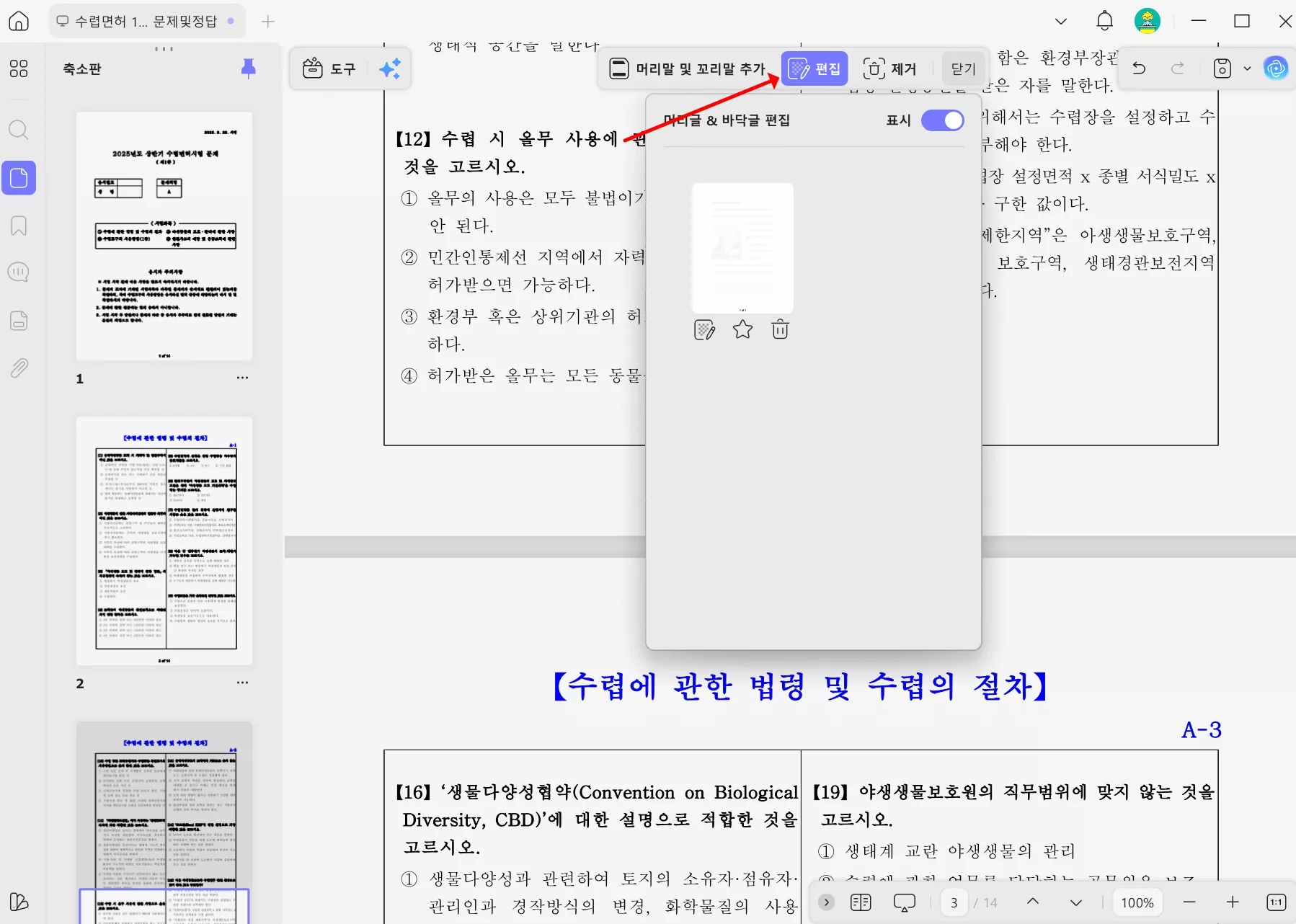 PDF 편집 머리글 옵션