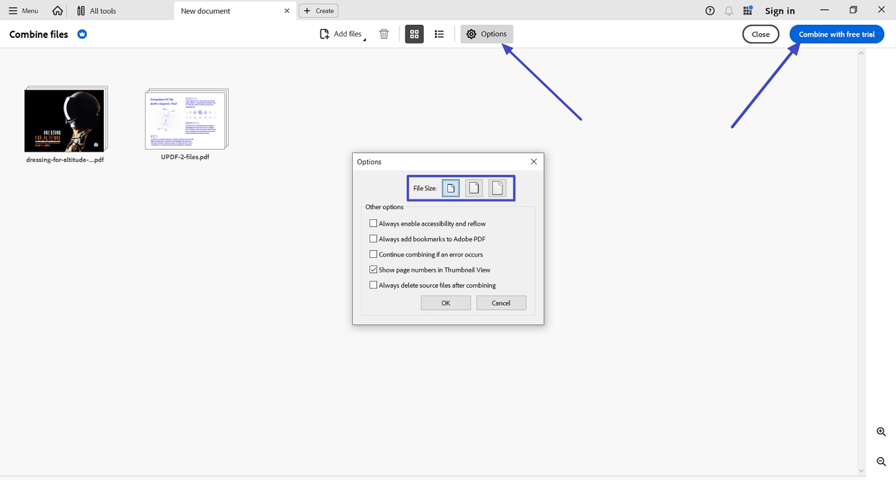 set merged file size combine pdf