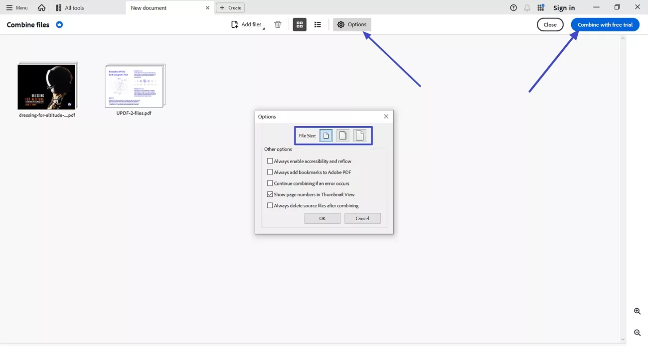 set merged file size combine pdf