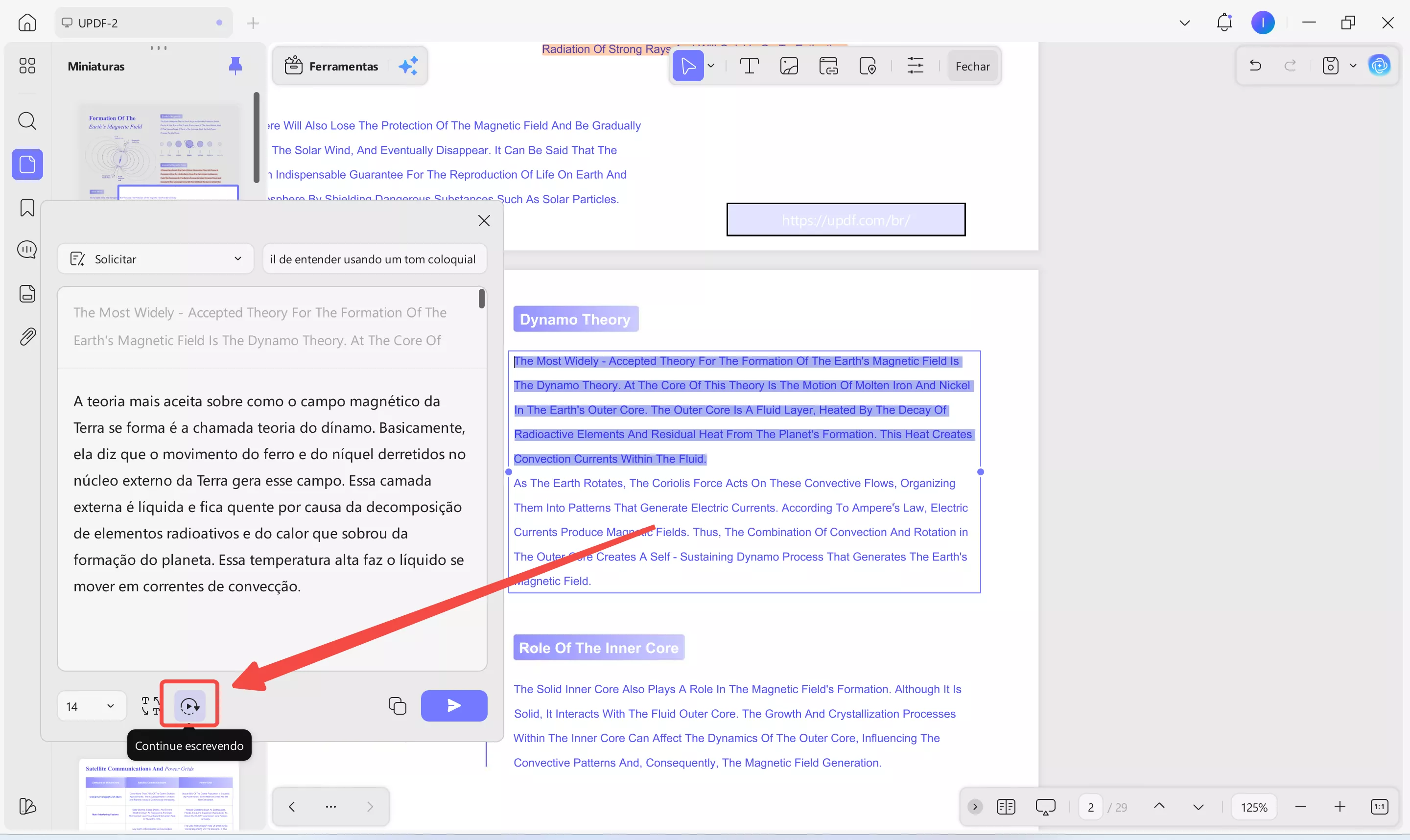 Selecione a opção Continuar escrevendo