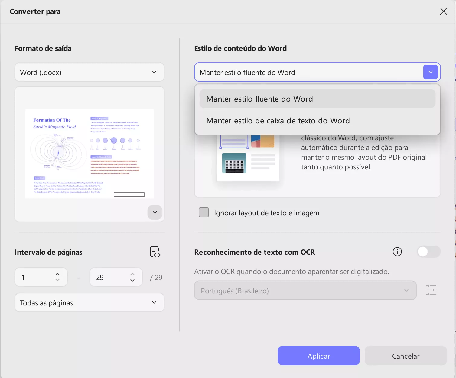 Escolha o estilo do conteúdo, o intervalo de páginas e o OCR.
