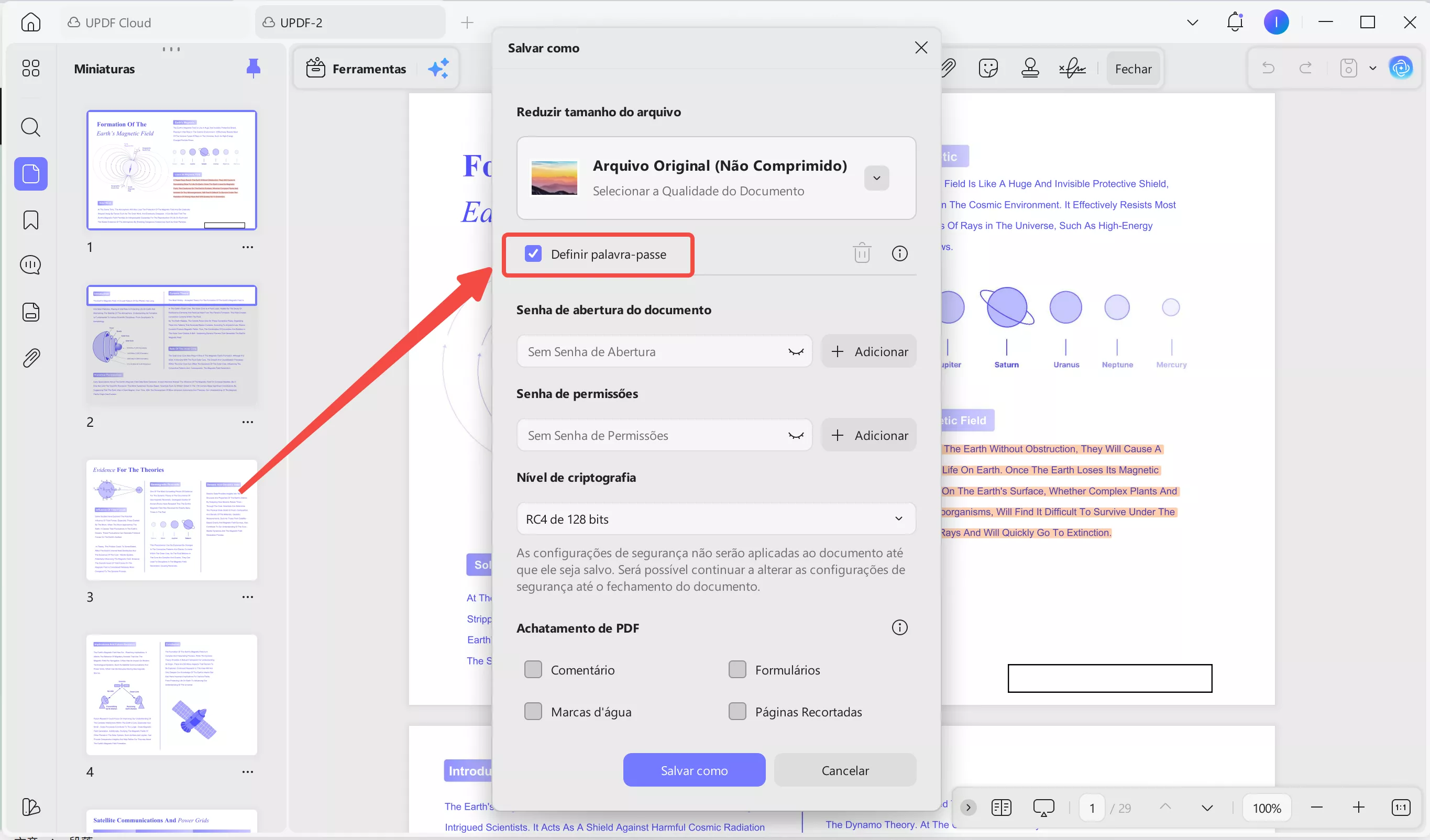 Senha definida selecionada automaticamente.